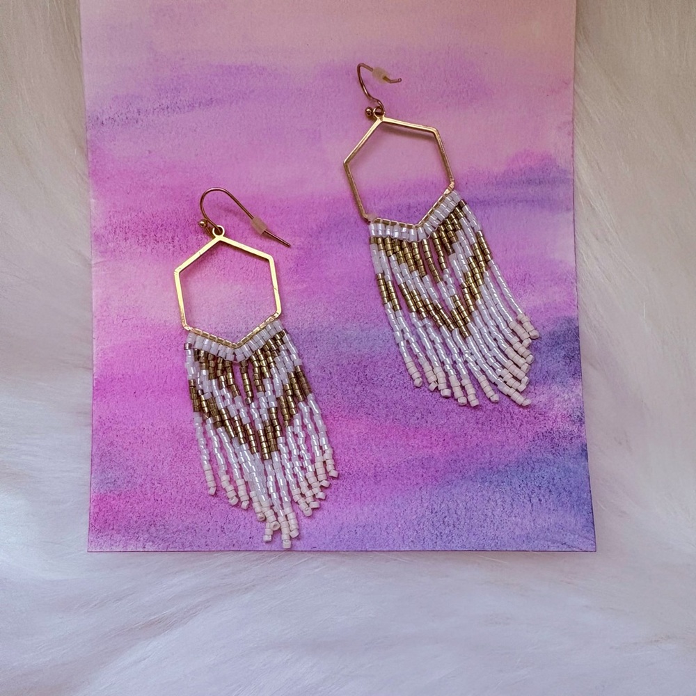 Altar'd State Gold and White Fringe Earrings